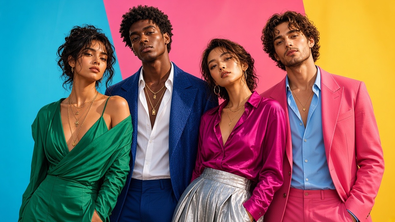 Four creators in dark tailored outfits posing together under warm gold studio light