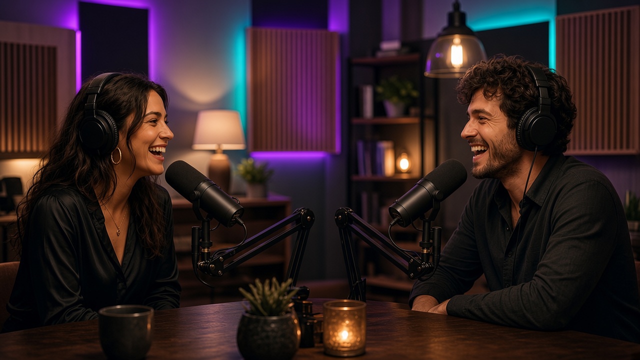 Two podcast hosts in headphones laughing across a wooden table into studio microphones
