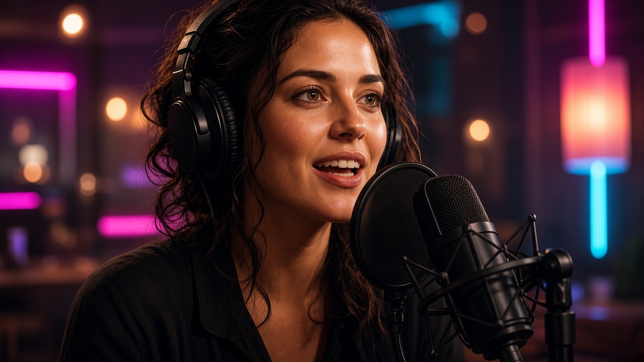 Podcast host in headphones speaking into a studio microphone in a warm, dim room