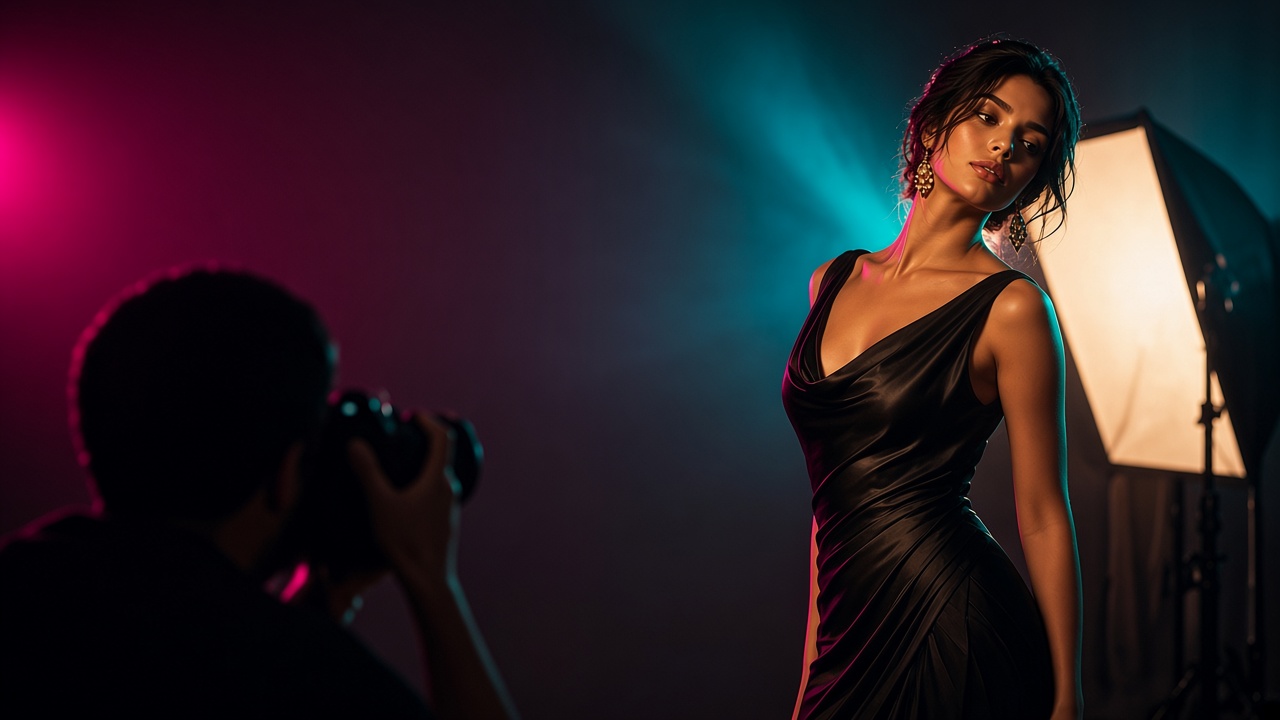 Creator in a black dress posing beside a softbox while a photographer shoots in warm studio light