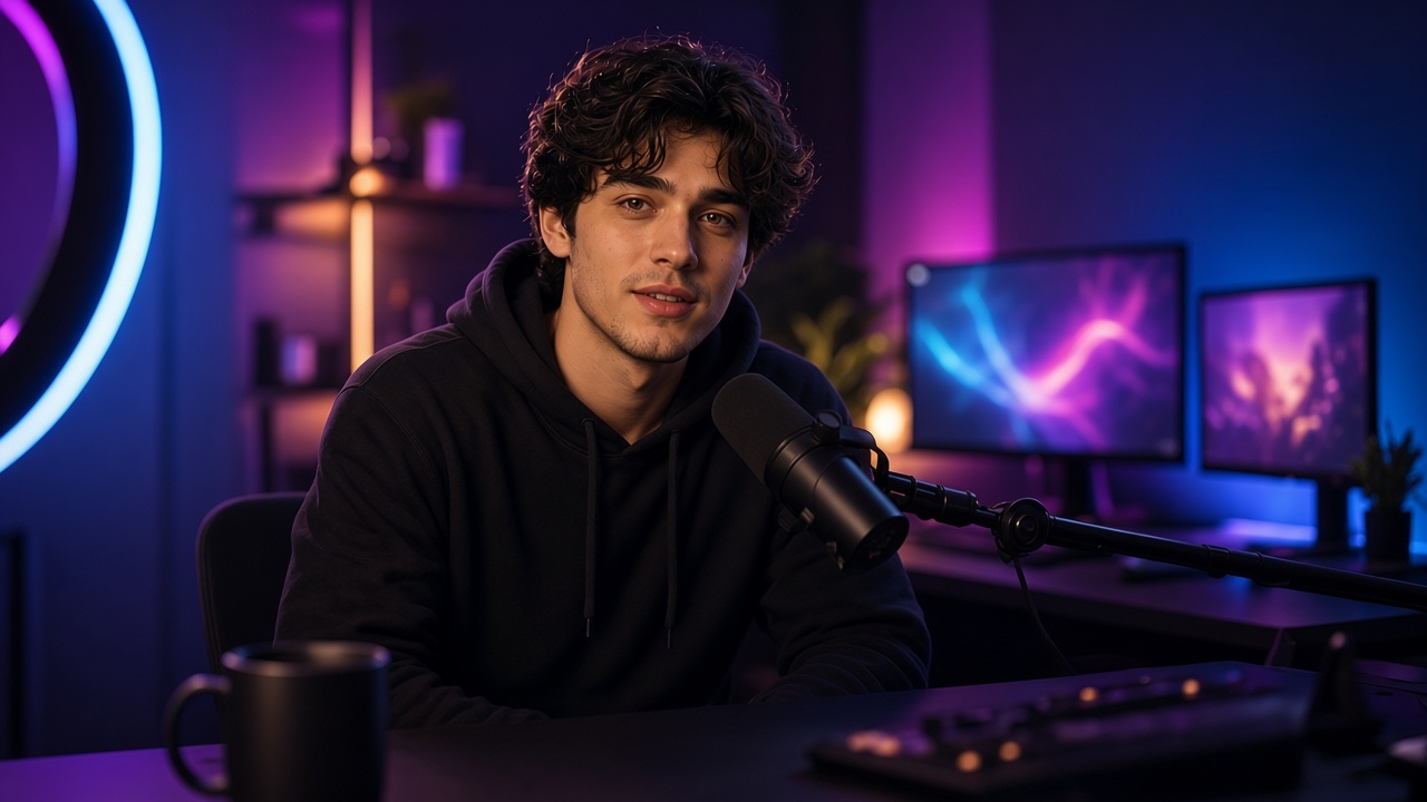 Streamer in a dark hoodie at a desk microphone with monitors and a ring light behind him