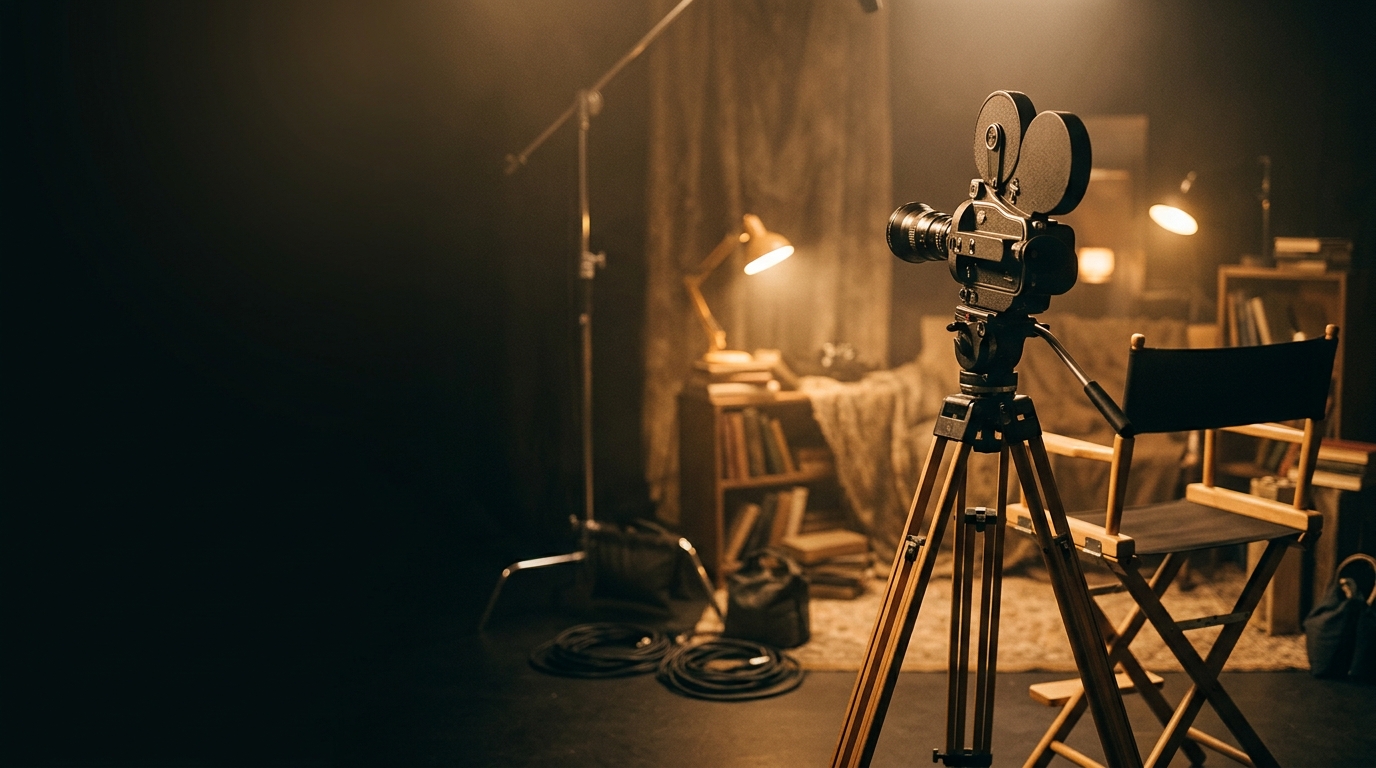 Cinematic documentary film set at night with tungsten lamps and vintage camera