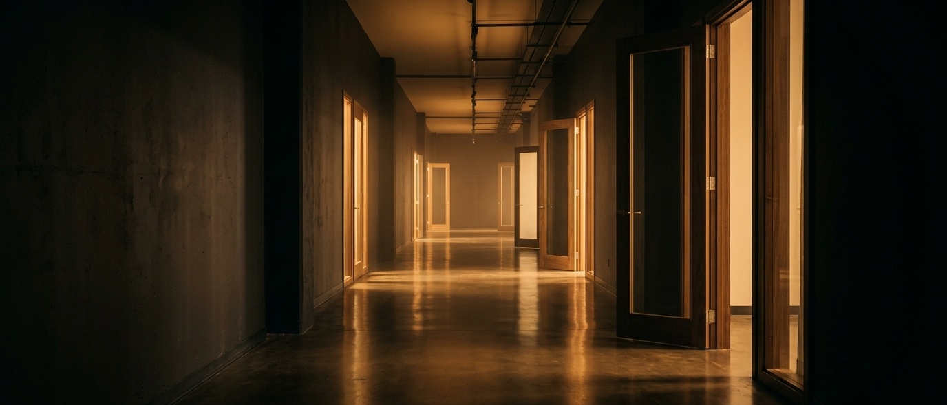 Wide creator studio hallway with warm tungsten light through open doors