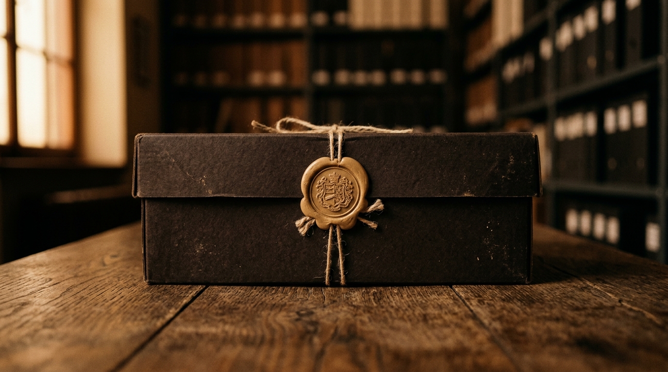 Warm sand wax seal on closed archival box on oak table